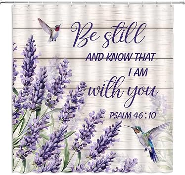 Motivational Flower Shower Curtain Purple Lavender Hummingbird Floral Inspirational Quotes Rustic Wooden Board Country Farmhouse Bathroom Decor Polyester with Hooks