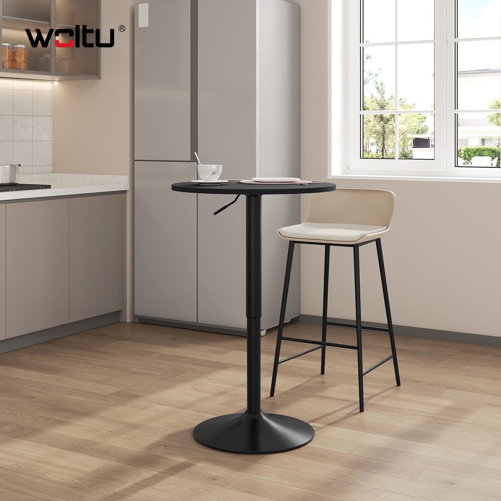 WOLTU Mesa de Bar, Regulable en Altura, 360 Grados Giratorio, Hecha de MDF, Redonda para Cocina, Bar, Negro Redondo
