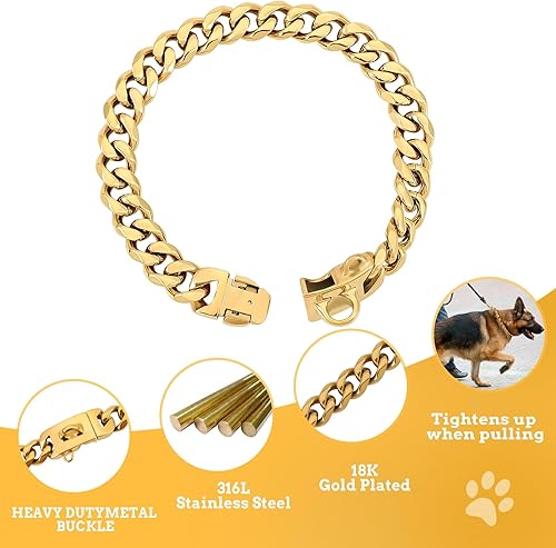 Miniatura 4 de Collar de perro de acero inoxidable dorado de 0.59 pulgadas con cadena de eslabones cubanos resistente a prueba de mordidas, collar de entrenamiento