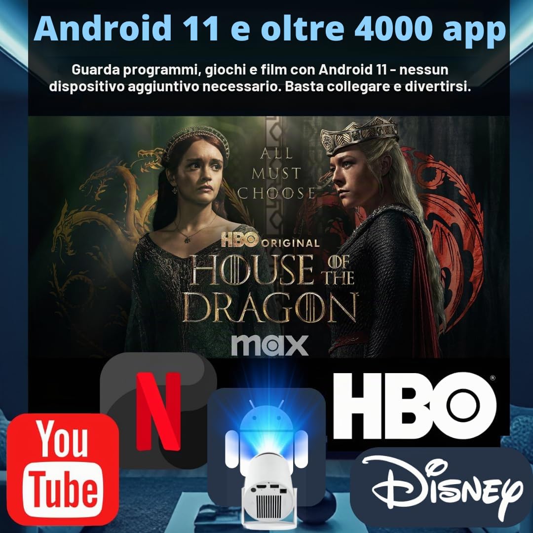Mini Proiettore Portatile 4K con Android TV 11, WiFi 6 e Bluetooth 5.2, 170 ANSI Lumen – Smart Proiettore Compatibile con Smartphone, TV Stick, PC – Home Cinema HD, Compatto e Facile da Usare