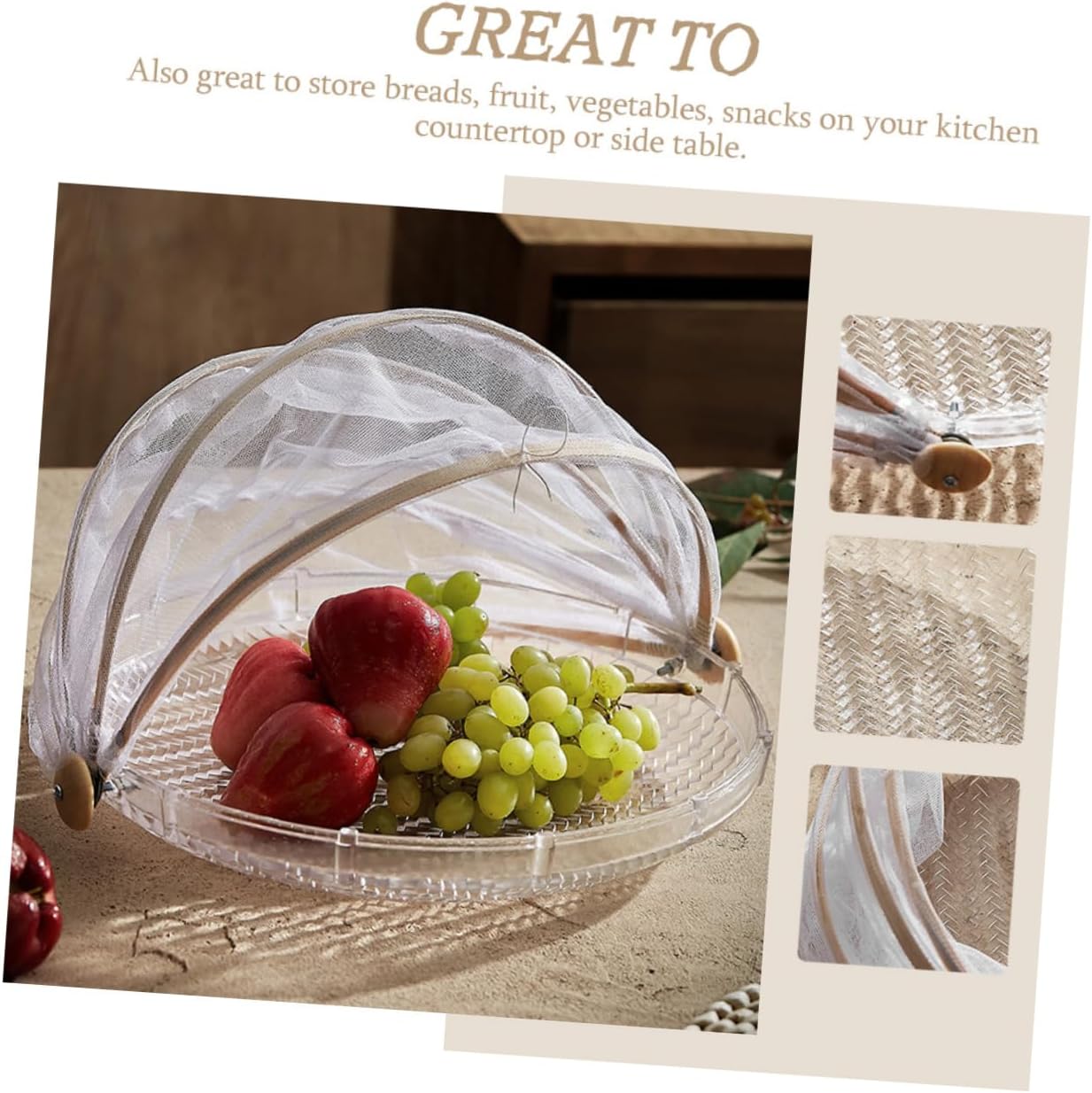 Amosfun Bamboo Drying Food Cover with Mesh Portable Outdoor Storage Basket for Fruits and Bread for Picnics and Camping Keeps Food Fresh and Protected