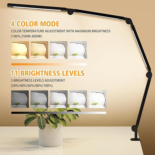 Miniatura 6 de Lámpara de escritorio LED con abrazadera, brazo oscilante ajustable para oficina en casa, luz de mesa de cuidado de ojos regulable, aluminio negro