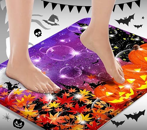 Miniatura 7 de ArtSocket Juego de 3 alfombras y tapetes de baño de calabazas de Halloween, tapetes de baño de terror espeluznantes, antideslizantes, lindos tapetes