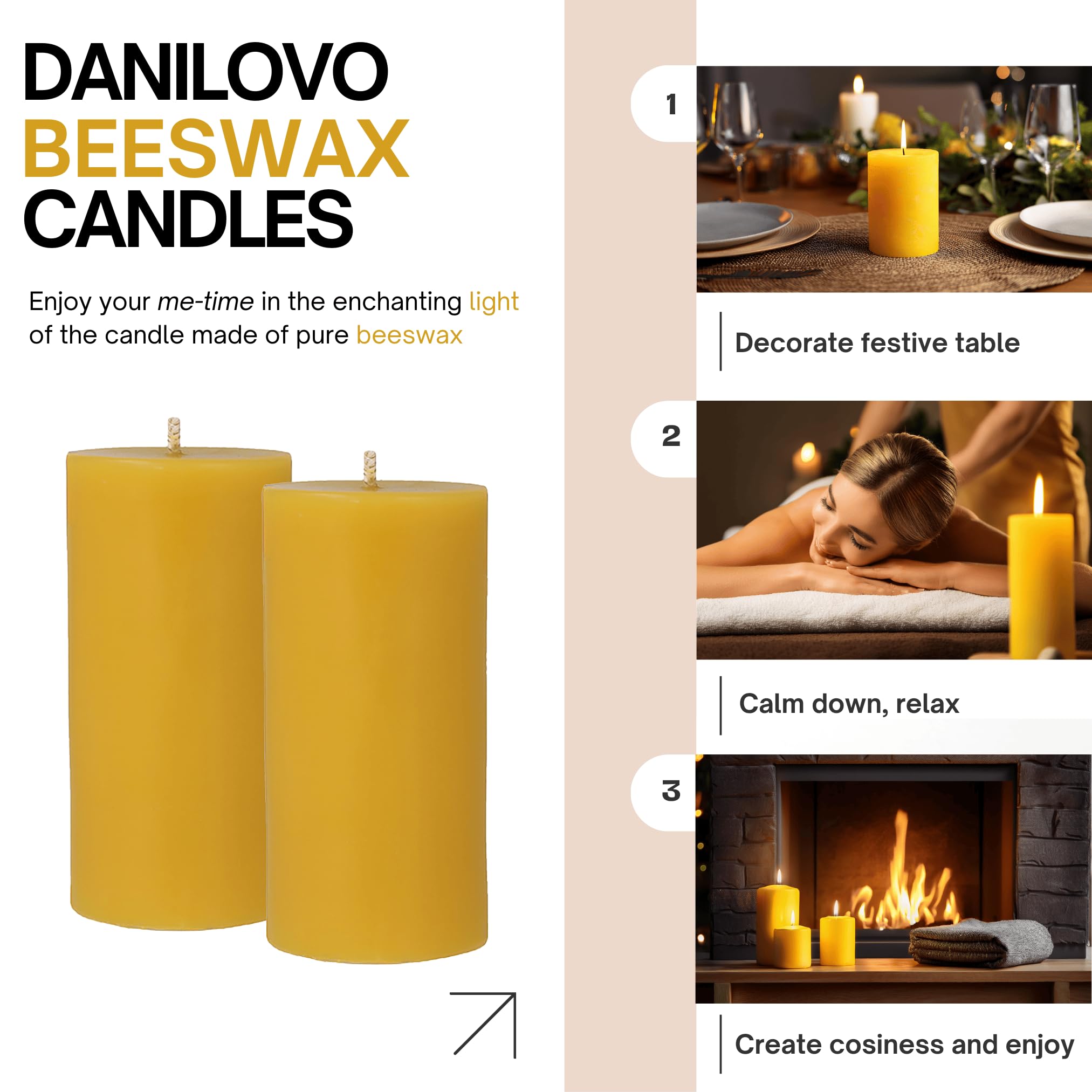 Danilovo Velas de Cera de Abeja Natural 100% Pura – Velas Decorativas Grandes para un Hogar Acogedor – Aroma a Cera de Abeja Natural que da Confort Diario (2 pz, 5x10 cm, 35 horas)