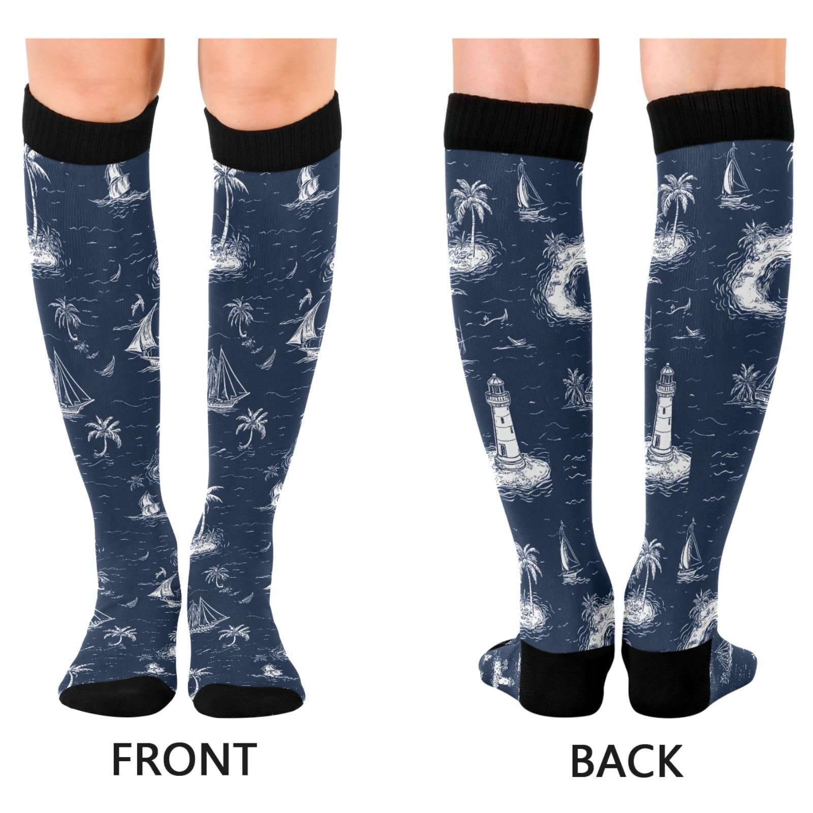 Wassud Coastal Adventure Compression Socks for Women and Men 20-30 mmHg Knee High Socks for Nurses Travel 1 Pair