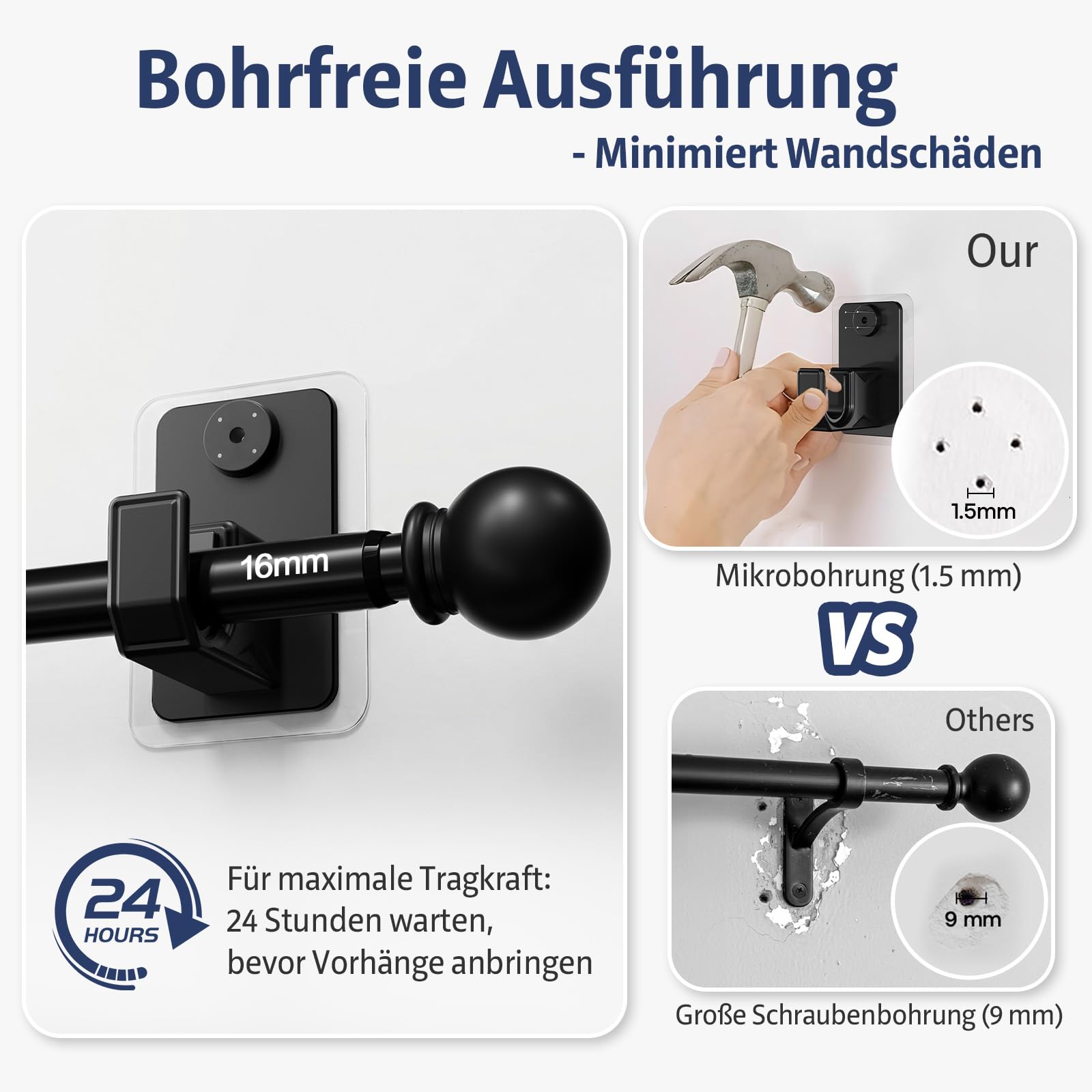 2.0 Pro Gardinenstange Ohne Bohren (with Klebeband und Verdeckte Nägel) 72-130 cm 16 mm Durchmesser Ausziehbare Vorhangstange Ohne Bohren Schwarze Geeignet für Leichte Gardinen Mieterfreundlich