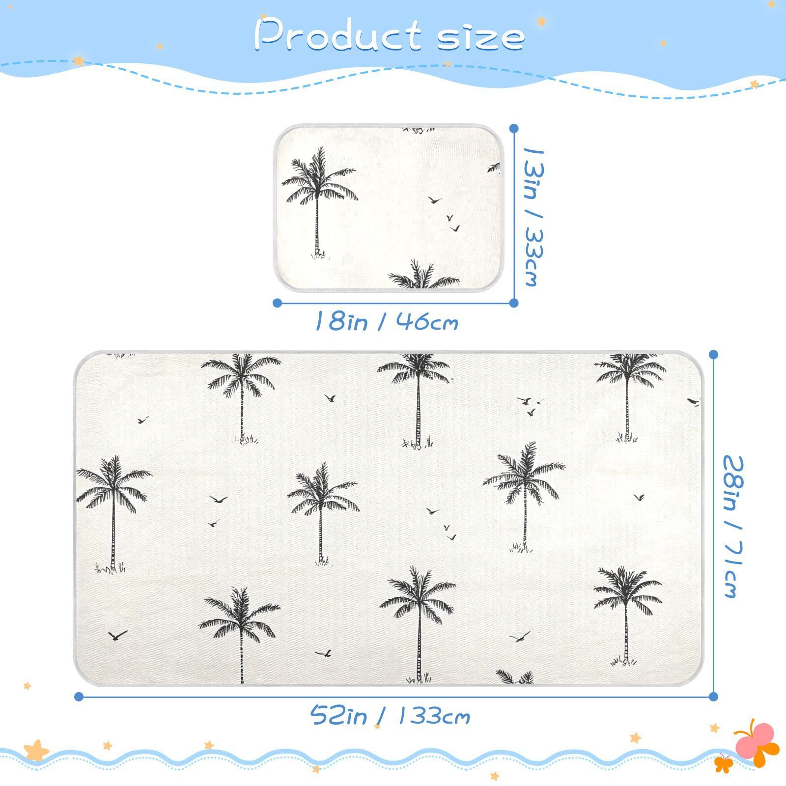 Bolaz Summer Sleeping Bed Pad, Palm Trees Seagulls Pattern Cooling Mattress Set Breathable Bed Mat Ice Silk Mat + Pillow Cover for Toddler Boys Girls