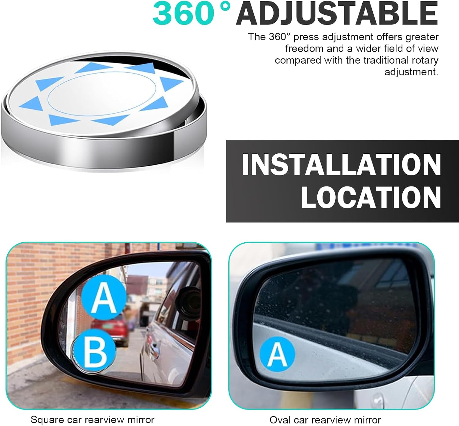 Blind Spot Mirror, Round HD Frameless Convex Mirror, Self Adhesive Adjustable Reversing Assist Mirror, for Most Cars Trucks SUVs Driving Accessories (Black)