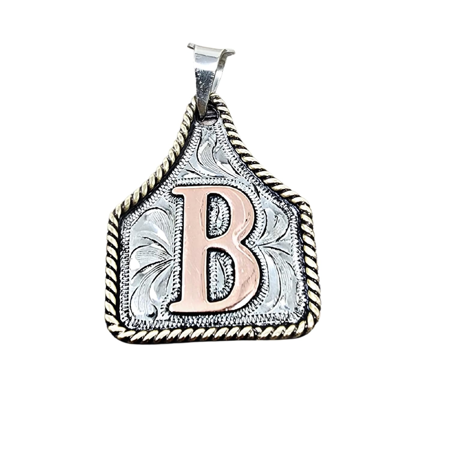 Custom Handmade Cow Tag Western Necklace with Copper Initial Monogram Pendant - Cattle Tag Hand Engraving (Antique Finish, B, L)