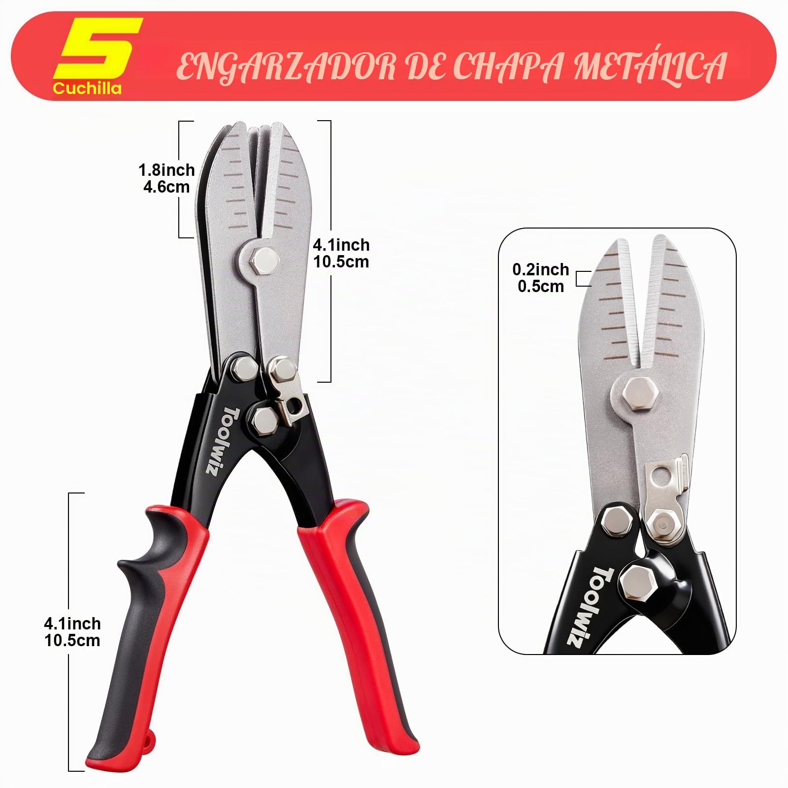 Toolwiz Herramientas de chapa metálica de 5 cuchillas, herramienta de crimpado de conductos para bajante de calibre 24-26, tubo de estufa, acero inoxidable, sistemas de conductos de ventilación,