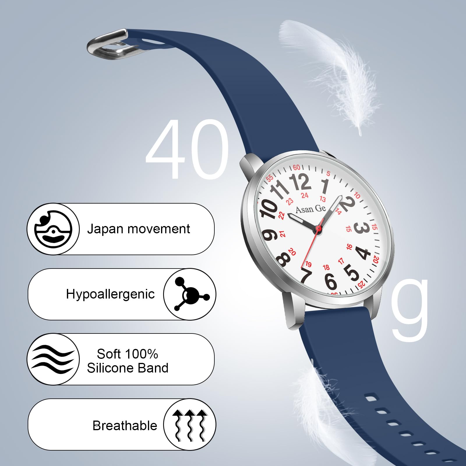 Asan GE Reloj de Enfermera para Enfermeras, Profesionales médicos, Estudiantes, médicos, Mujeres, Hombres, Reloj Impermeable, Hora Militar de 24 Horas, Luminoso, Esfera fácil de Leer con