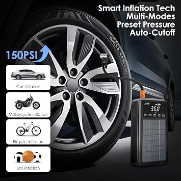 JIYHF 3000A Solar Jump Starter with 150PSI Air Compressor, 12V Car Battery Jumper, 74Wh Portable Jump Box (8.0 Gas/6.0L Diesel) with 45W Fast Charging, Tire Inflator, Jumper Cables, and LED Light
