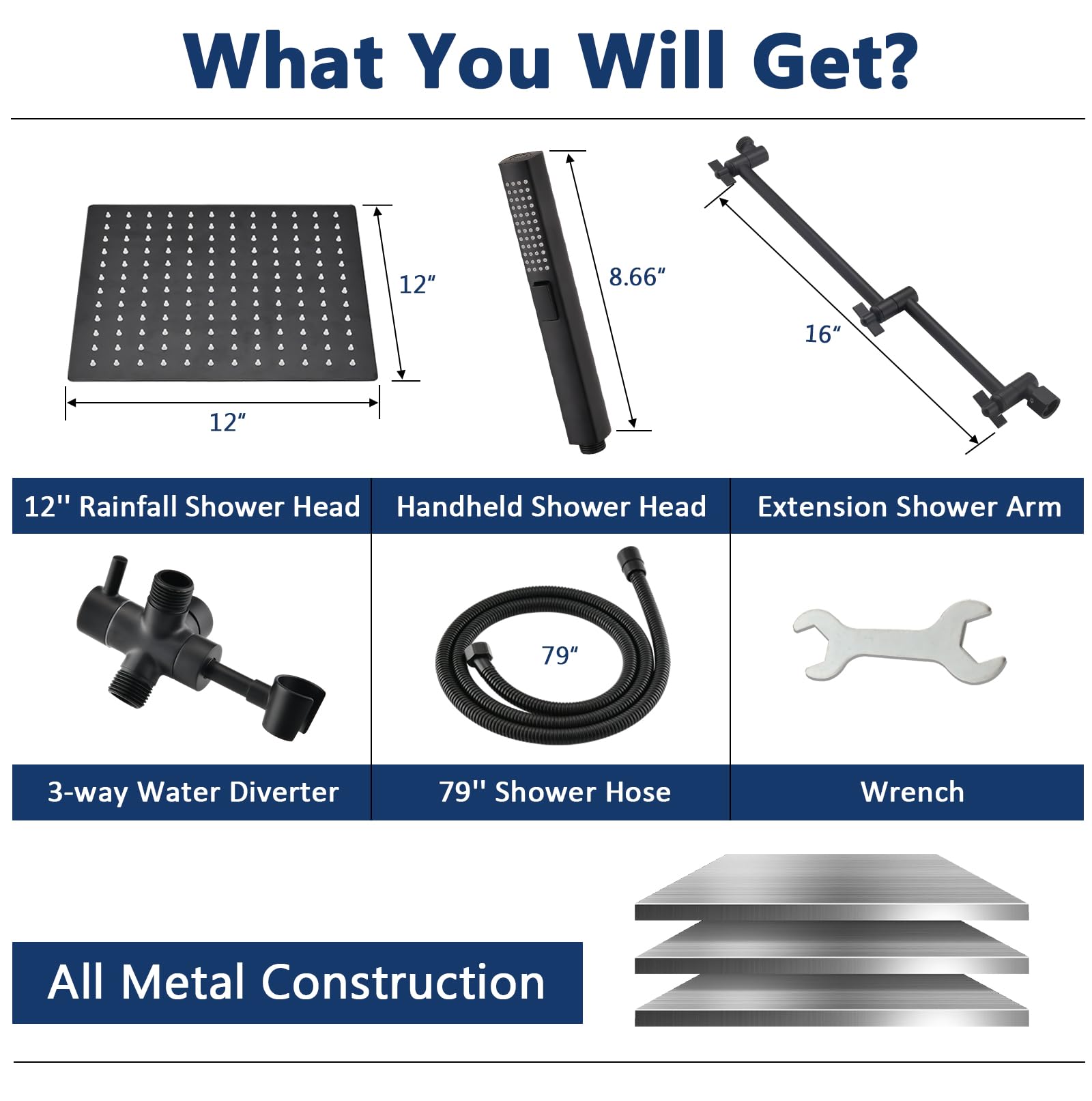 PDPBath Cabezal de ducha de lluvia de metal con rociador de mano, cabezal de ducha de lluvia de alta presión de 12 pulgadas con brazo de extensión ajustable de 16 pulgadas, manguera extra larga de 79