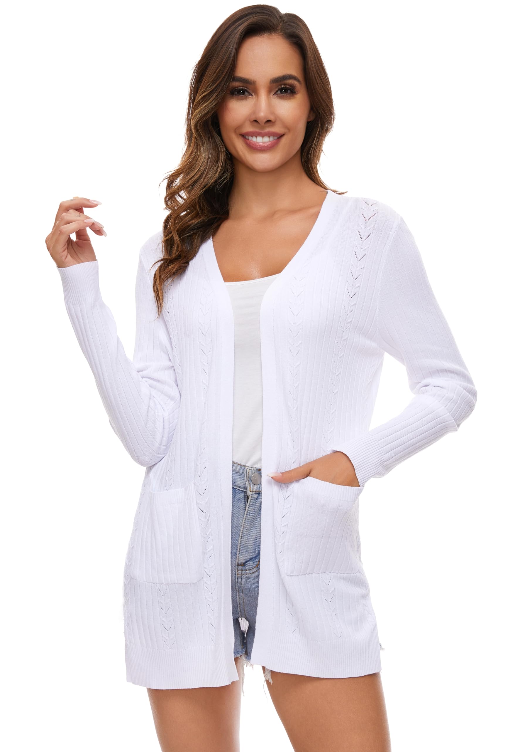 Gilet Long Femme Elegant Coton à Manches Longues Veste Tricot Léger Ouverte Devant été Cardigan