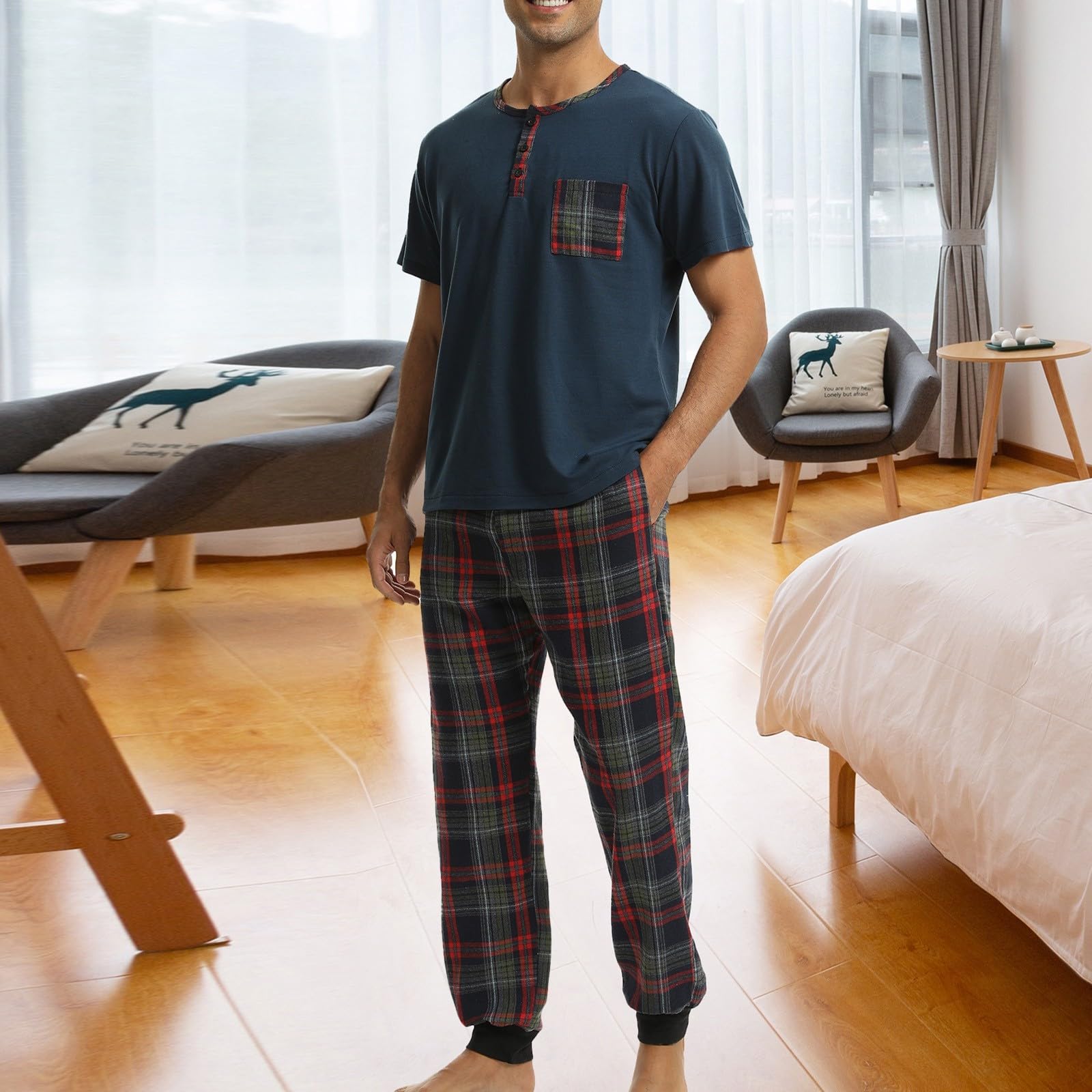 Pigiama Uomo Cotone, Collo Rotondo Pigiami Cotone Leggero Stampa a Lettere Camicia Maniche Corte Con Pantaloncini 2 Pezzi Pigiami Due Pezzi Da Uomo Set Pigiama Estivo Da Uomo Abbigliamento Uomo Estivo