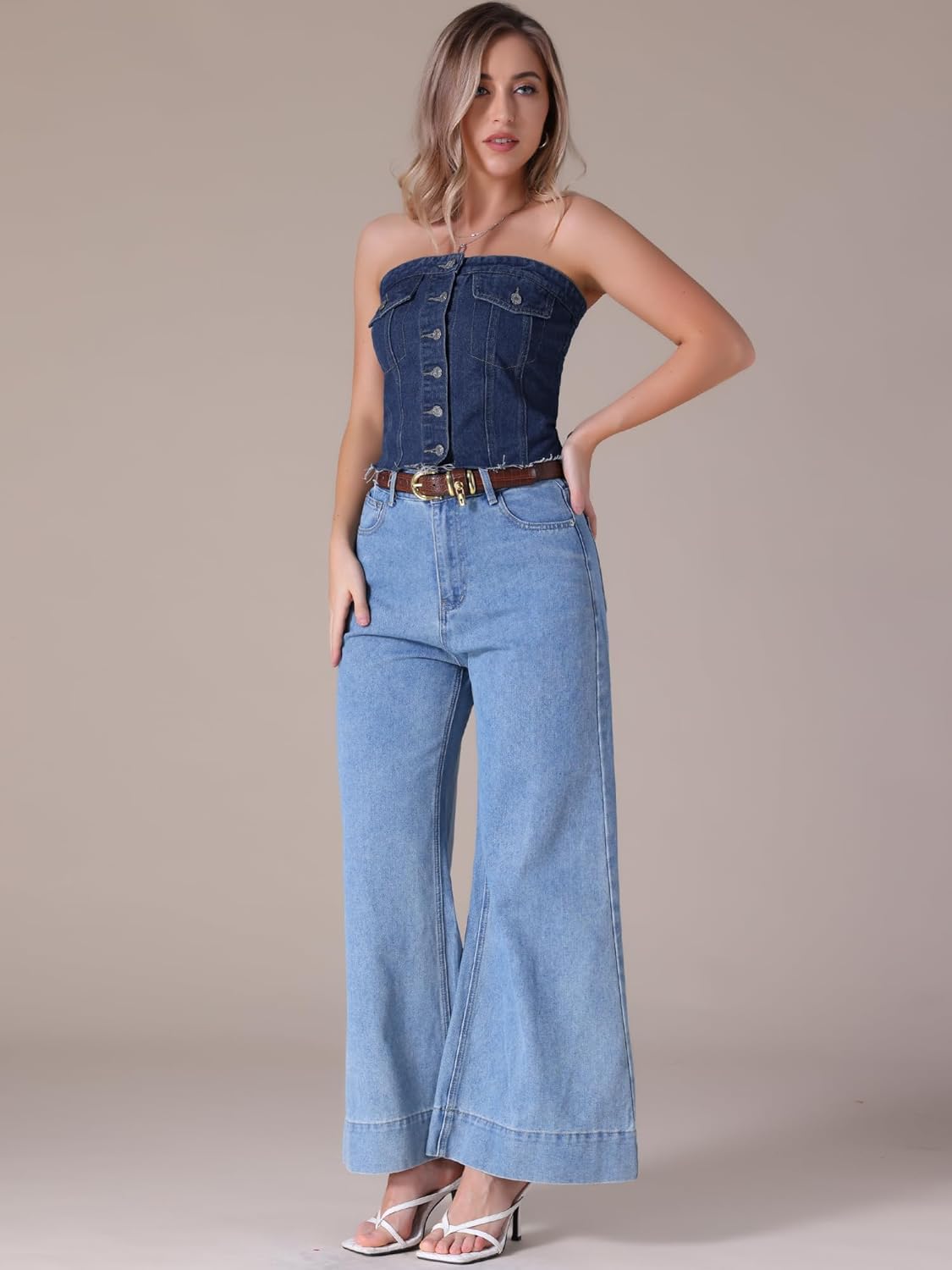 Women's Denim Tube Tops Button Front Raw Hem Smocked Back Crop Strapless Bandeau Top - Image 6