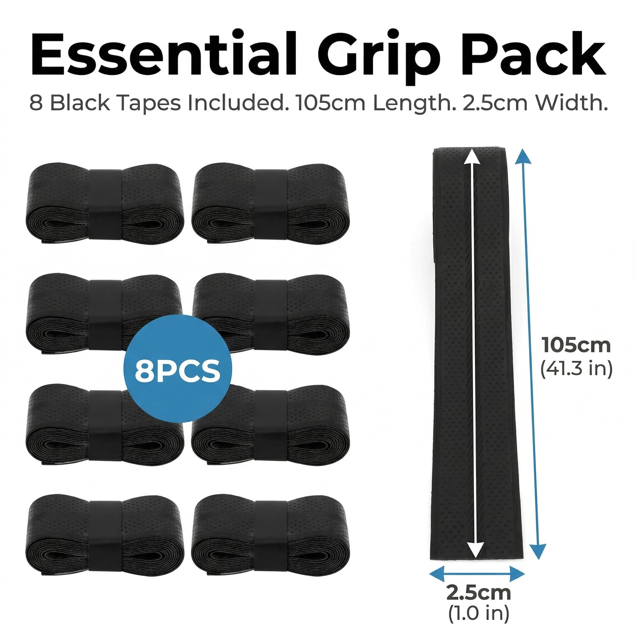 Grip Raquette Tennis, Grip Raquette Badminton et Surgrip Tennis en Matériau PU, Bande Antidérapante Raquette Squash et Grip Padel avec Absorption Transpiration, Ruban Noir de Sport 8 Pièces
