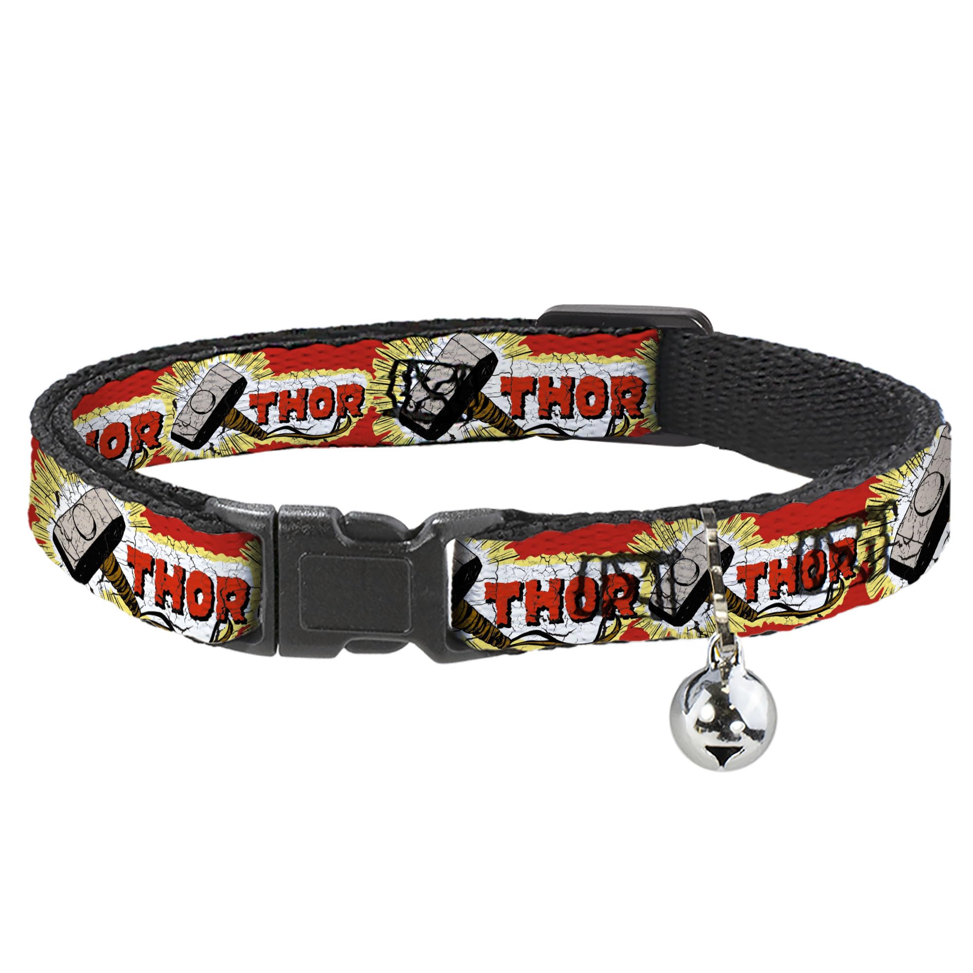 Cat Collar Breakaway Thor Hammer Red Yellow White 8 to 12 Inches 0.5 Inch Wide (BAC-WTH005-NM)