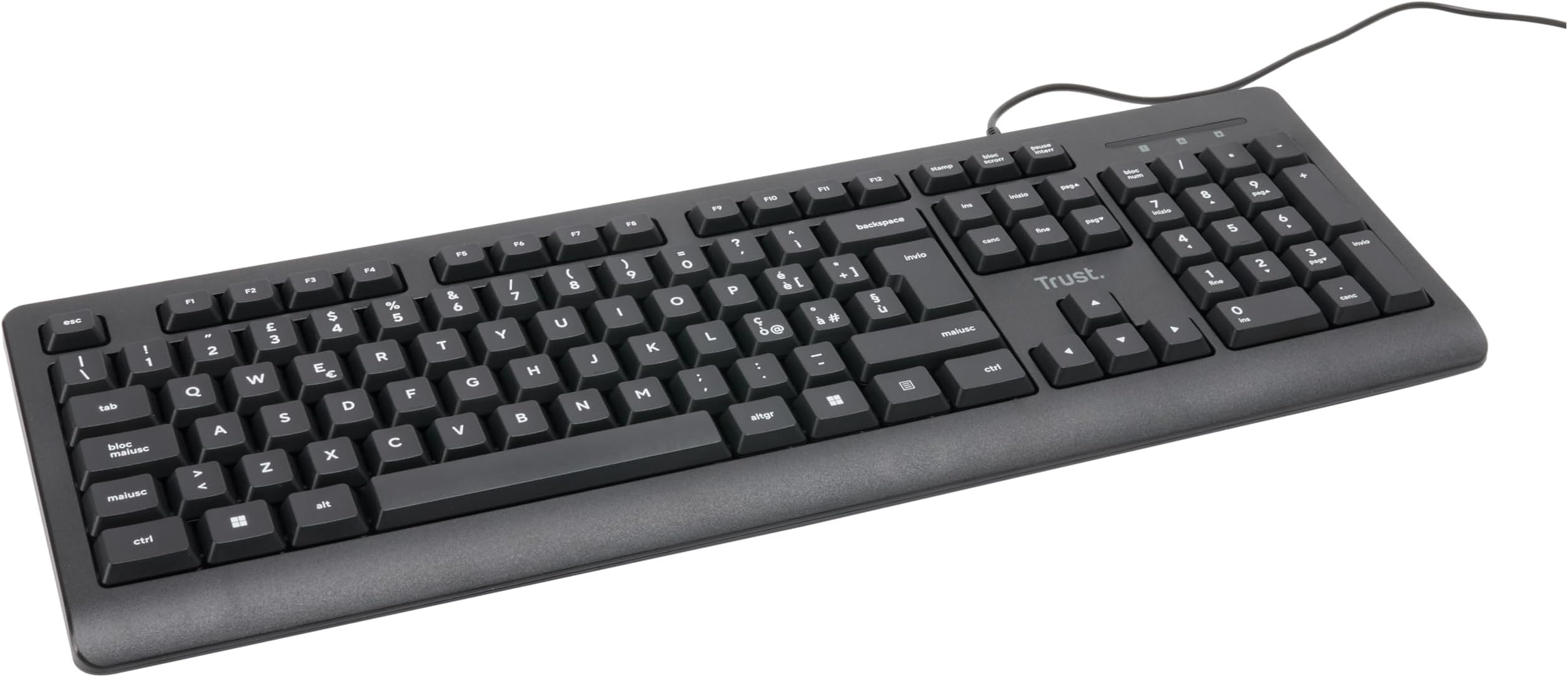 Trust Taro USB Wired Keyboard, Italian Layout QWERTY for PC/Laptop/Notebook, Mac/Windows, ‎Silent Keys, 1.8 Meters Cable, Splash Resistant, Ergonomic, Black