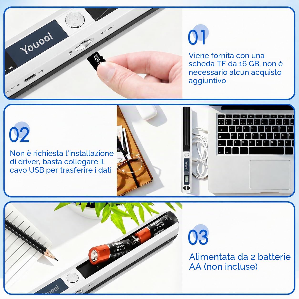 Scanner manuale A4 900 DPI JPG/PDF formato USB 2.0 | Scanner portatile per foto a colori ad alta risoluzione, scanner portatile per documenti, ricevute, foto (argento)