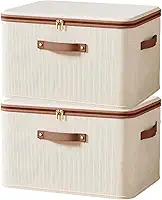 Pack Duplo de Caixas Organizadoras Médias Dobráveis - Algodão-Linho Bege Ecológico com Alças para Guarda-Roupa ou Debaixo da Cama