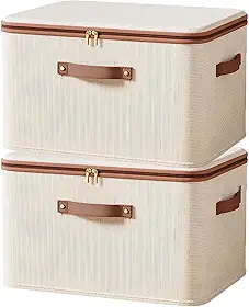 Pack Duplo de Caixas Organizadoras Médias Dobráveis - Algodão-Linho Bege Ecológico com Alças para Guarda-Roupa ou Debaixo da Cama