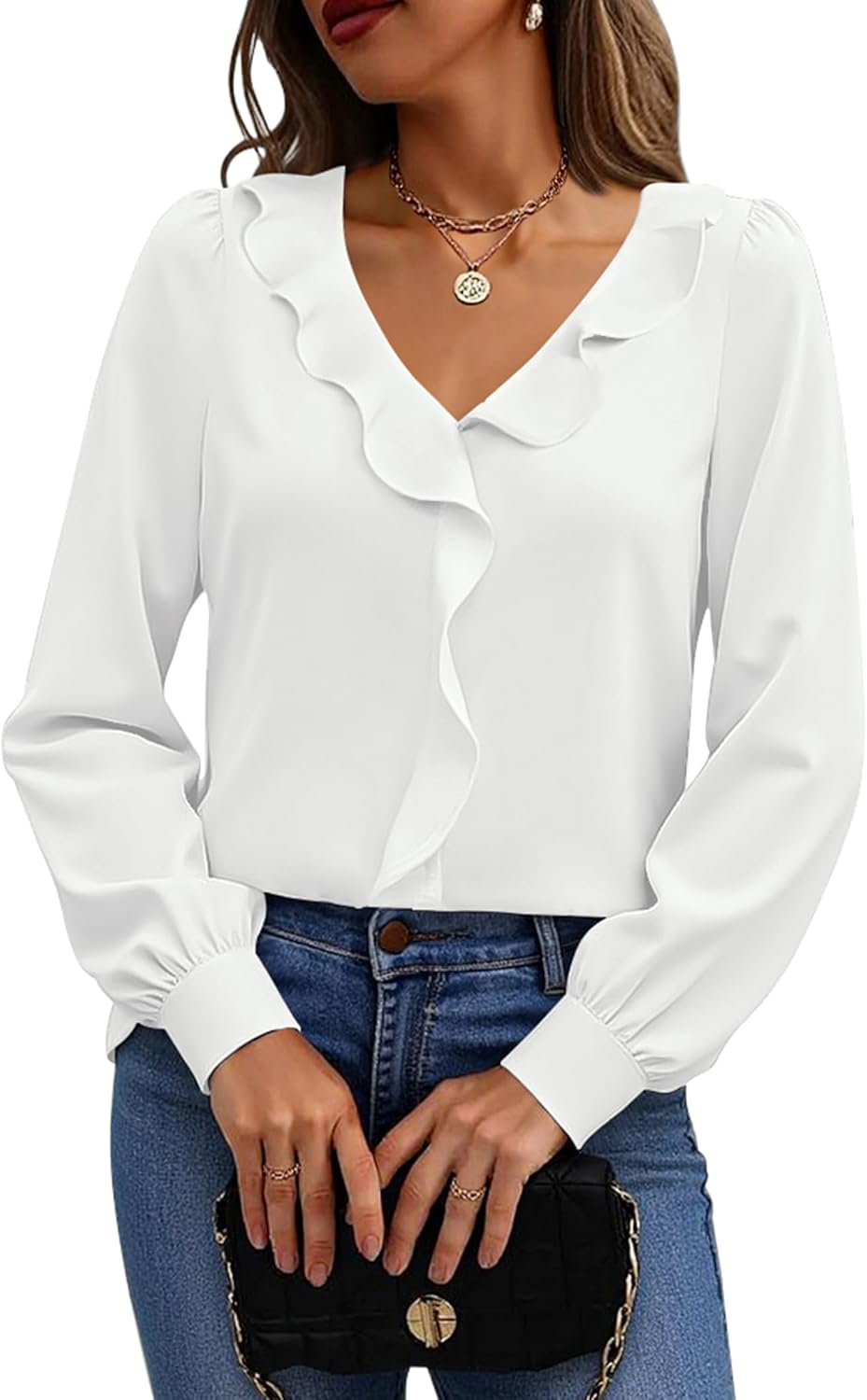 Halife Womens Dressy Casual Blouses Long Sleeve Business Tops Ruffle V Neck Trendy Work Shirts