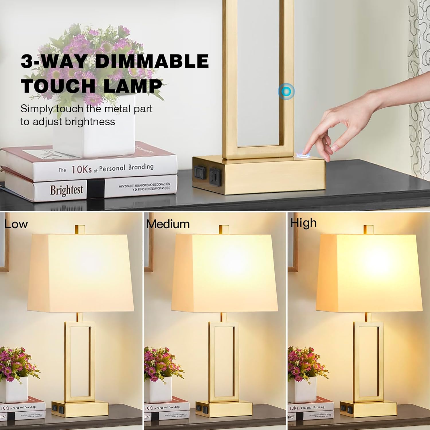 Gold Touch Control Table Lamps Set with Linen Shades