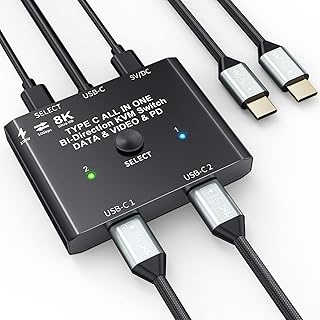 USB-C Switch,Bi-Directional USB C Switcher 2 in 1 Out/1 in 2 Out Type C KVM Switch Supports 8K@60Hz,4K@120Hz Video / 10Gbps Data Transfer/ 100w Power Delivery Compatible with Thunderbolt Device