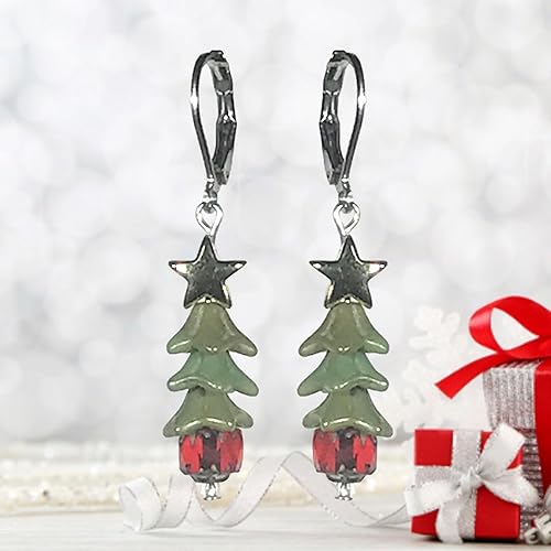 Miniatura 2 de Boho Chic Green Santa Christmas Tree Holiday Earrings with Red Czech Glass Base and Gold Star - French Wire Lever Backs