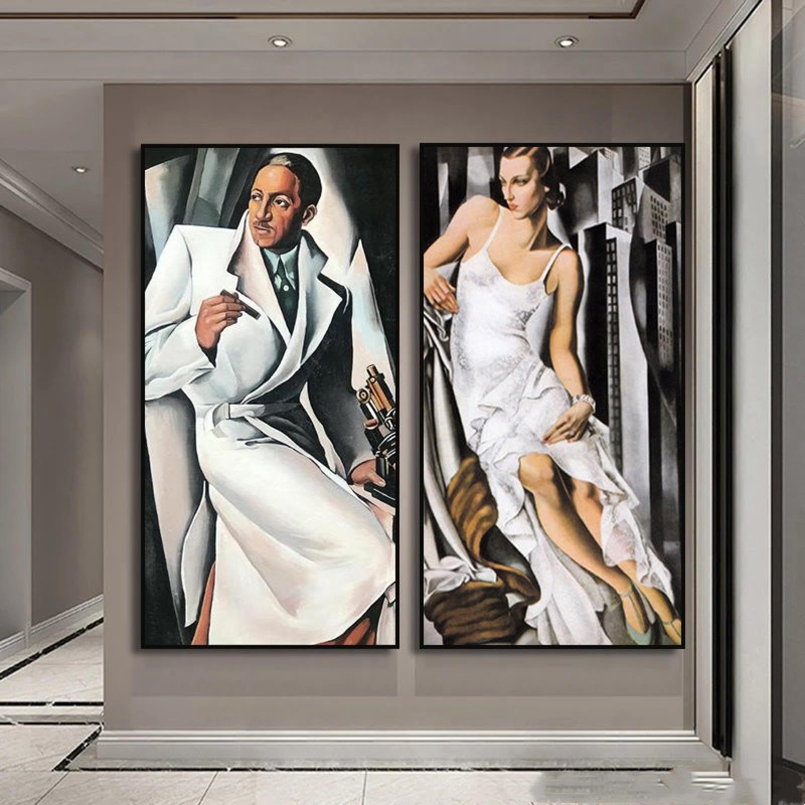 SDVIB Tamara De Lempicka biała sukienka kobieta palący mężczyzna obraz na płótnie nadruk nowoczesna grafika plakat sztuka ścienna salon dekoracja 70 x 140 cm - 2 sztuki bez ramy