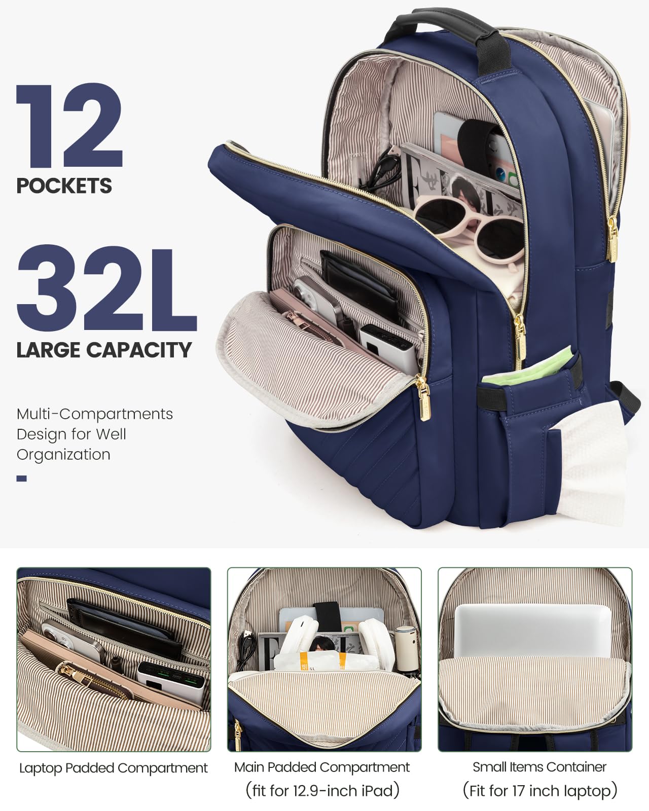 Navy Women\'s Backpack with Multi-Compartment Design Travel Backpack for Men Women Multifunctional Waterproof  main image 2