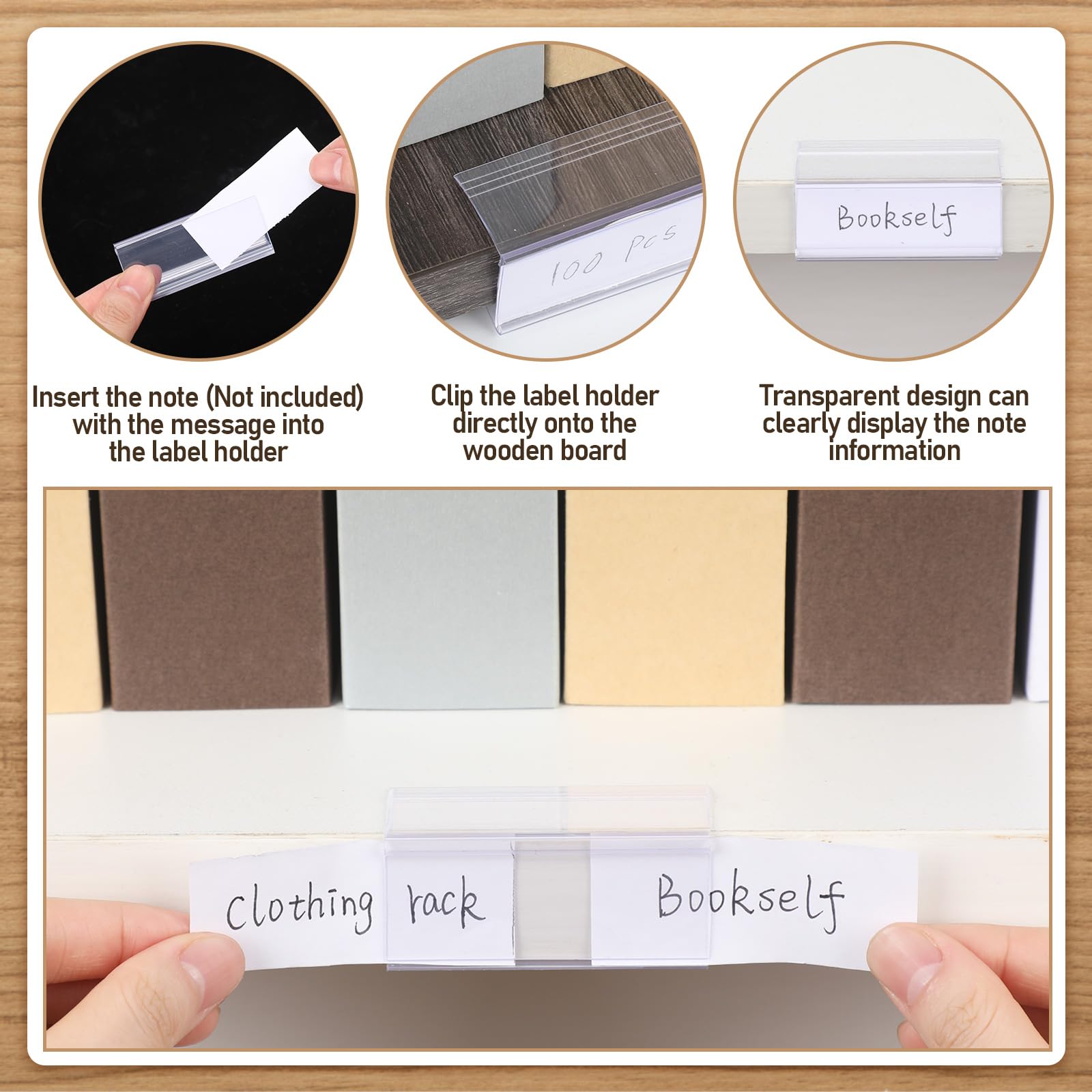 Weysat Lot de 100 porte-étiquettes en plastique transparent pour étagères de livres, panneaux d'étagère en bois et porte-tickets, 6,1 cm (L) x 2,5 cm (H) à 2,5 cm d'épaisseur