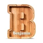 Summidate Customized Name Large Wooden Piggy Bank for Kids Boys Girls Alphabets Letter A-Z Coins Bills Money Change Bank Box Initial on Clear Cover (Laser Engraved) (Alphabet-B, Personalized-9)