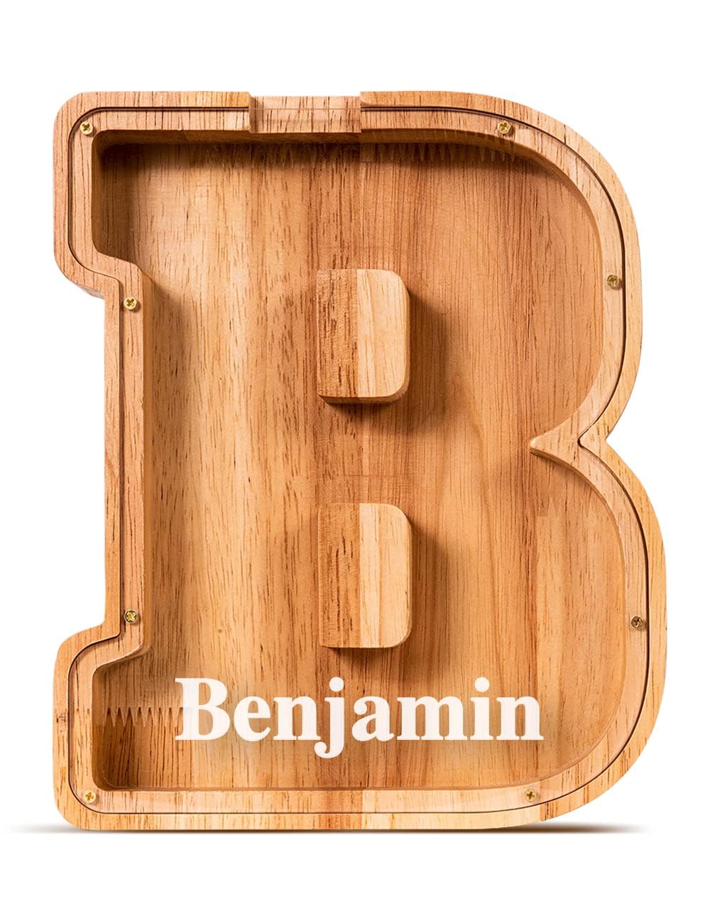Summidate Customized Name Wooden Letter Money Box for Kids Boys Initial Alphabets Piggy Bank A-Z Coins Bills Money Change Bank on Clear Cover (Laser Engraved) Decor Educational Toys