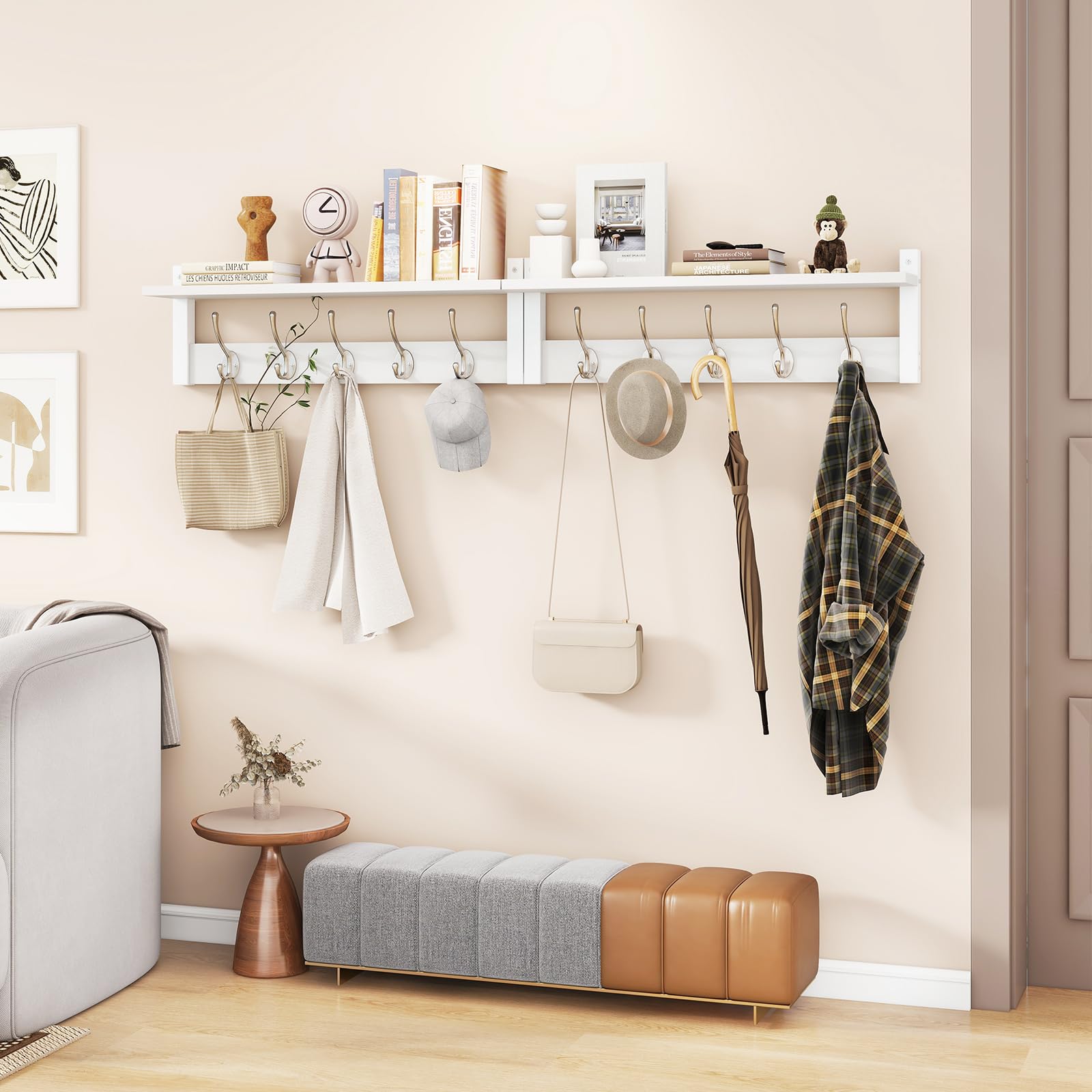 YMYNY 2 en 1 Grand Porte Manteau Mural Bois, Blanc HWS004W-2 | Patère murale avec 10 crochets doubles, porte manteau pour Salle de bain, Entrée, Chambre
