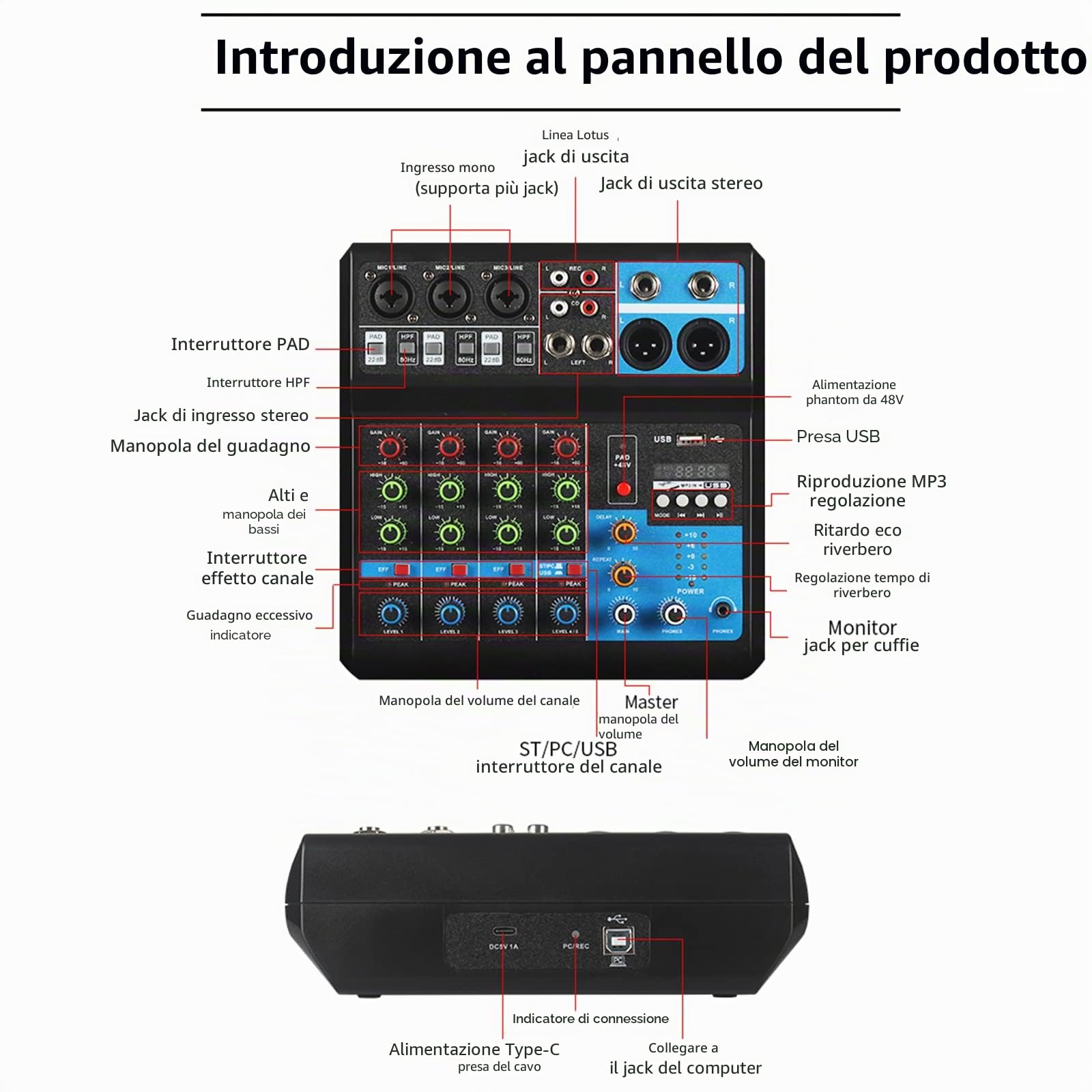 Console di mixaggio a 5 canali, console di mixaggio audio USB 48 V Phantom power, console di missaggio per microfono per computer, mixer audio per studio dal vivo e palcoscenico