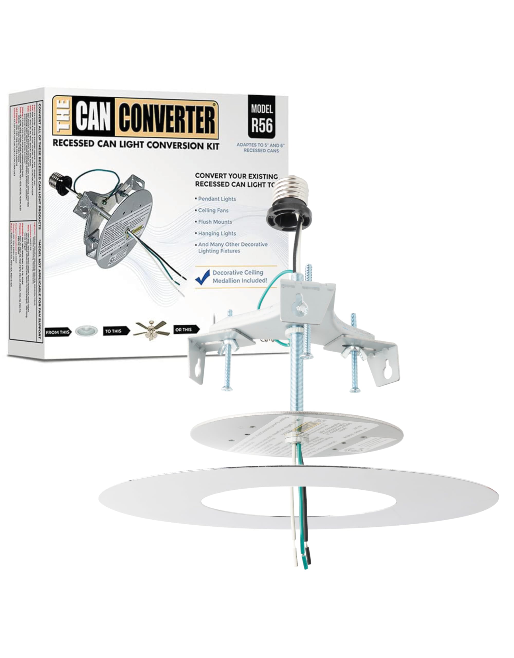 The Can Converter R56 Recessed Can Light Conversion Kit w/ 7"¾ Flat Ceiling Medallion - Home Improvement for 5" &amp; 6" Cans, Converter Kit for Ceiling Fan &amp; Light Fixture, UL Certified, Polished Chrome