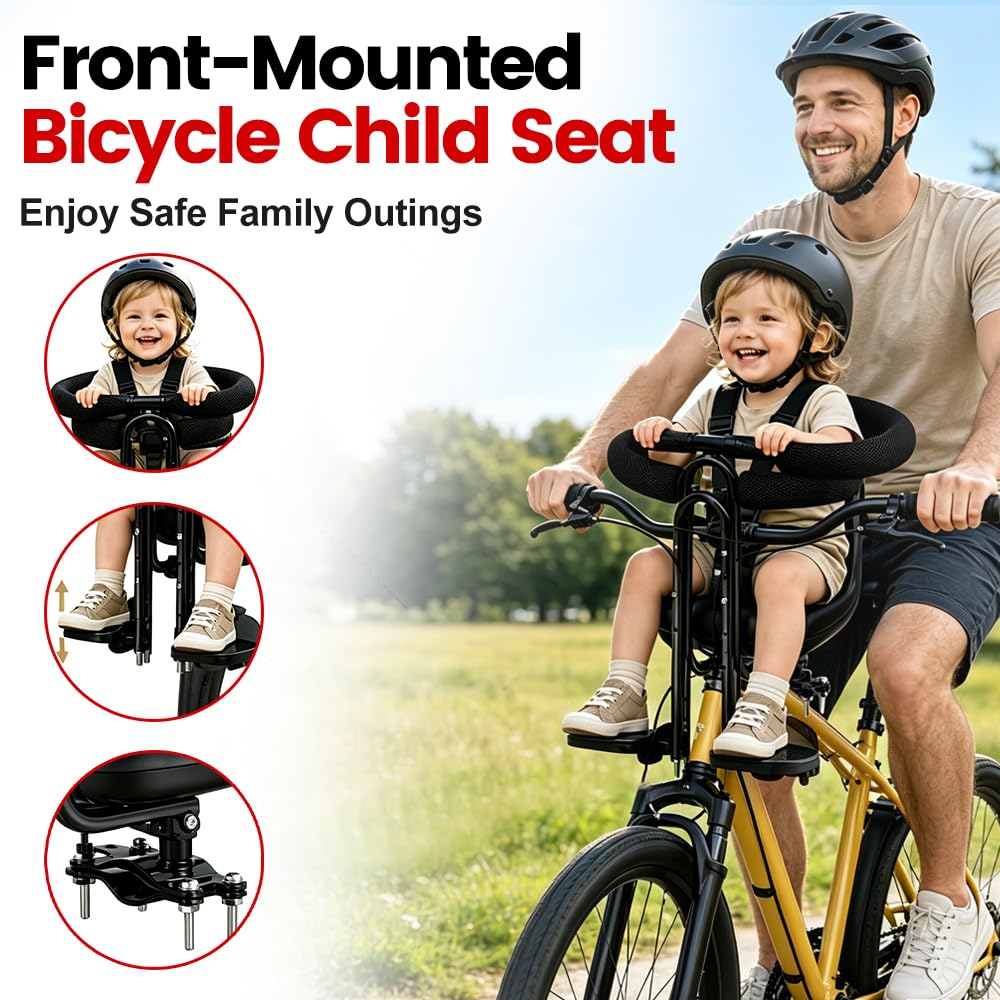 Siege Velo Enfant Avant, Confortable Siège De Vélo pour Enfant, Grille Protection Intégrale Réglable Siege Bebe Velo, Siège Bébé Avant VTT & Vélos Pliants, Marron