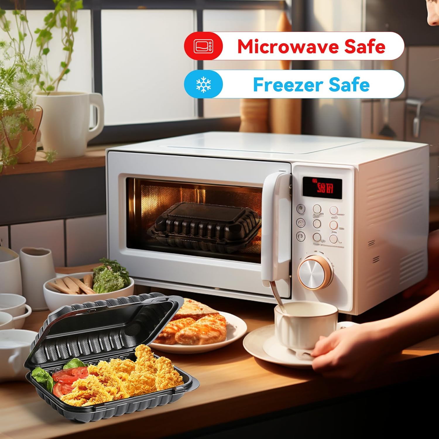 Clamshell Food Containers, 27 OZ Plastic To Go Containers 50-Pack 9 x 6 Inch BPA Free Reusable Microwave Freezer Safe Heavy-Duty MFPP Black Take Out Boxes