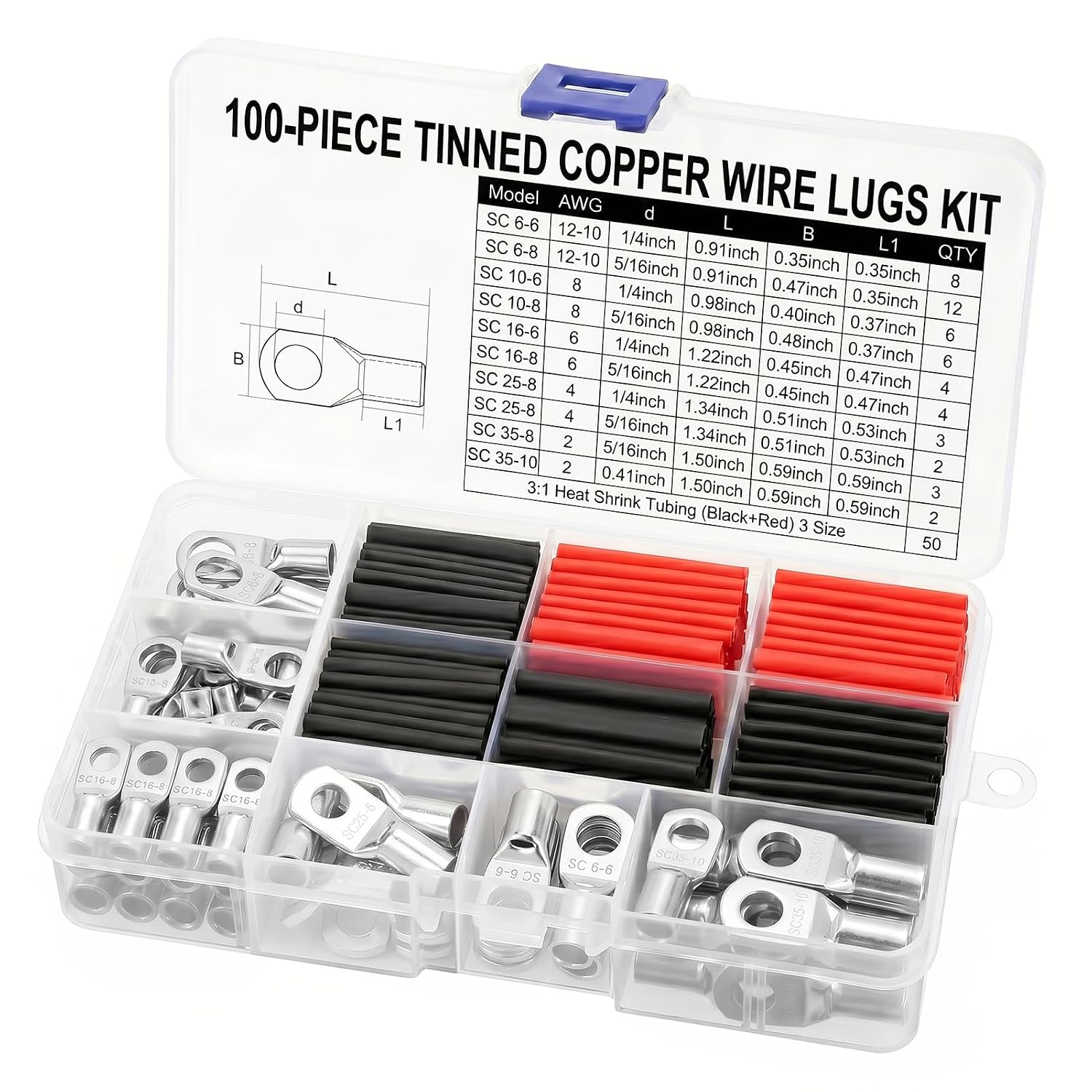 100Pcs Complete Copper Wire Lugs Kit,50 Terminals + 50 Heat Shrink 3:1Tubing, Tinned Ring Terminals 10 8 6 4 2AWG Battery Cable Ends Professional Set for Marine Automotive