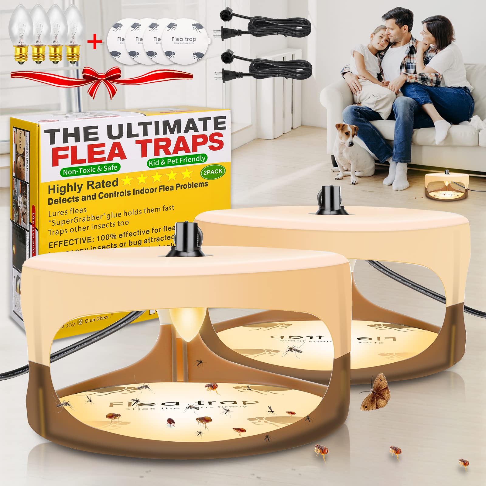 Defendy Flea Trap, Sticky Bed Bug Flea Traps Indoor Pest Control Trapper Insect Killer with 4 Glue Discs and Light Bulbs, Flea Traps for Inside Your Home with Light