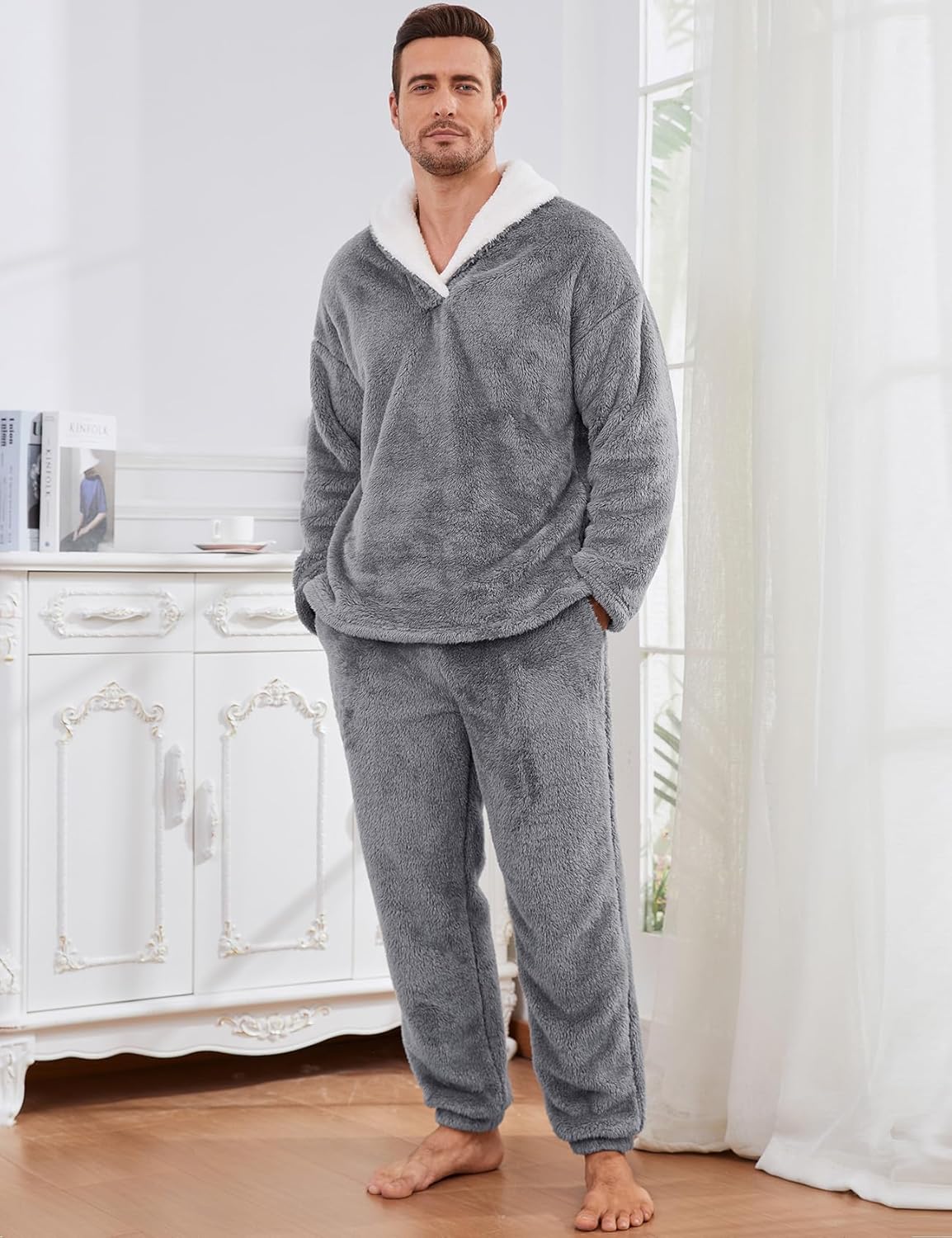 Kissonic Mens Fluffy Coral Pajamas Set Soft Fleece Winter Pjs Loose Plush Warm Loungewear Sleepwear - Image 2