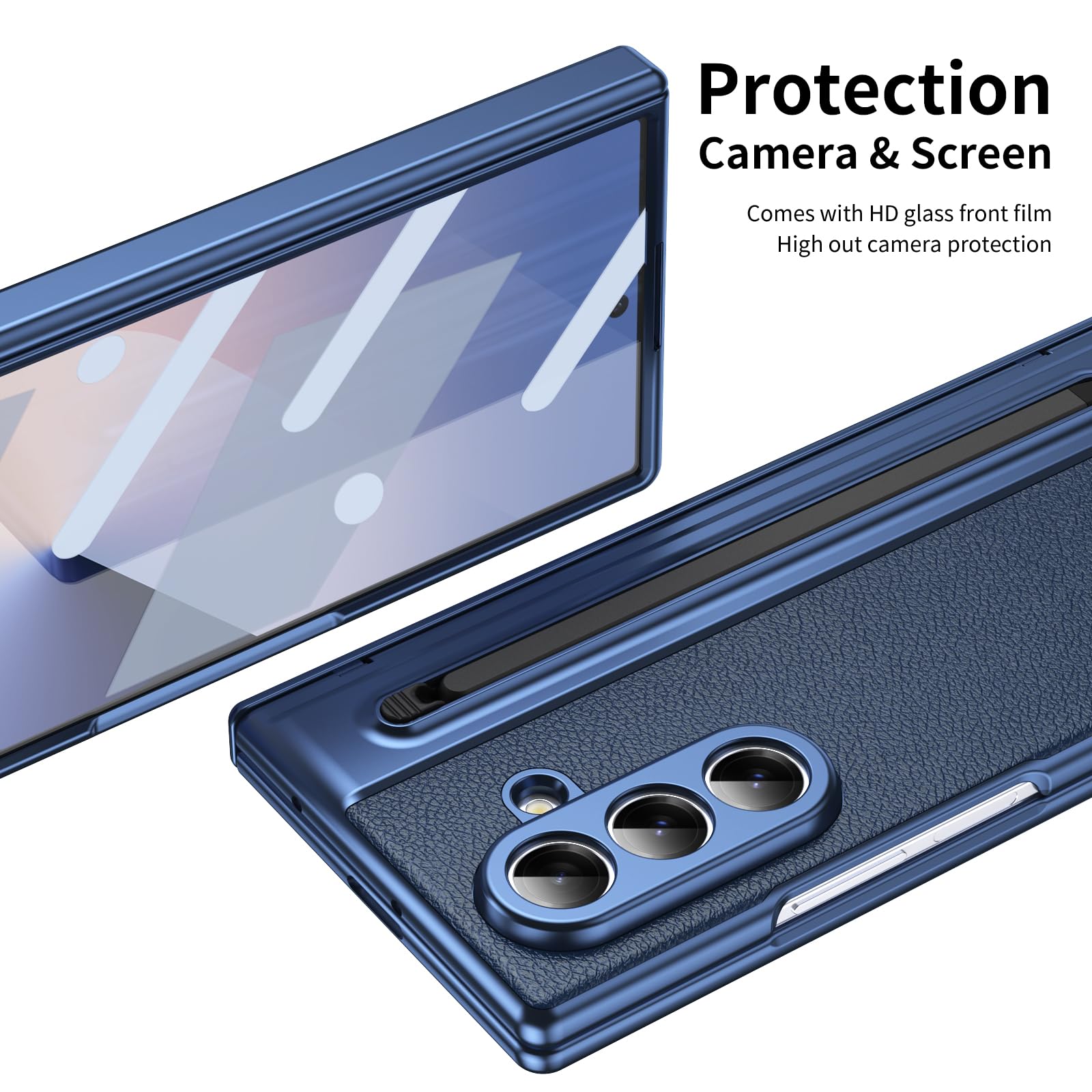 Custodia per Galaxy Z Fold 7, Protezione cerniera Samsung Fold7 cover, custodia Samsung Galaxy Z Fold7 con pellicola protettiva per lo schermo + Penna stilo + portapenne-Blu