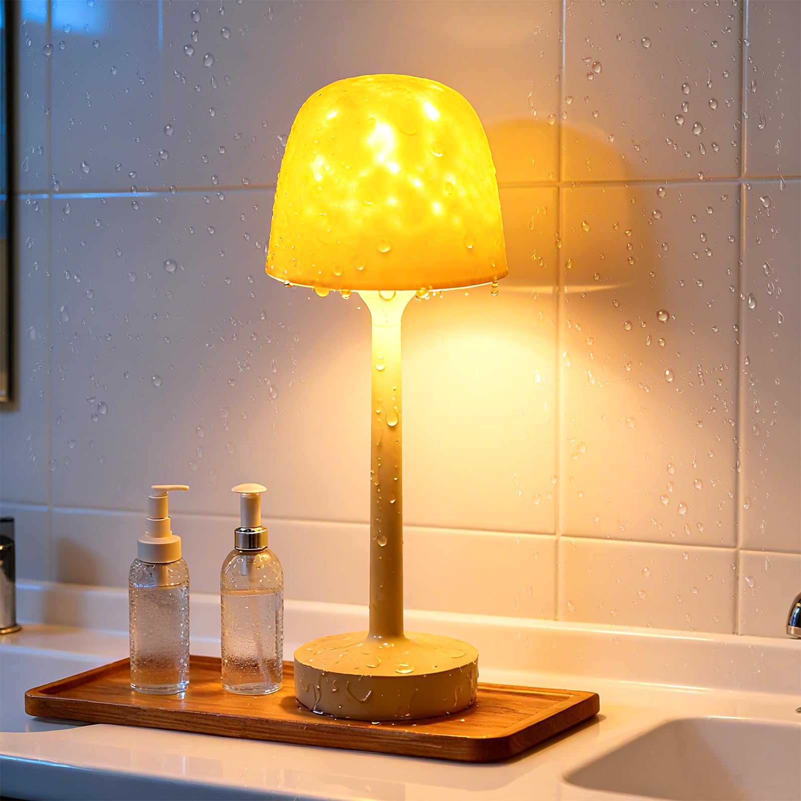 Lámpara de ducha impermeable, lámpara de ducha interior con proyector de ondas oceánicas de 16 colores, recargable con control remoto, lámpara de mesa giratoria LED para baño
