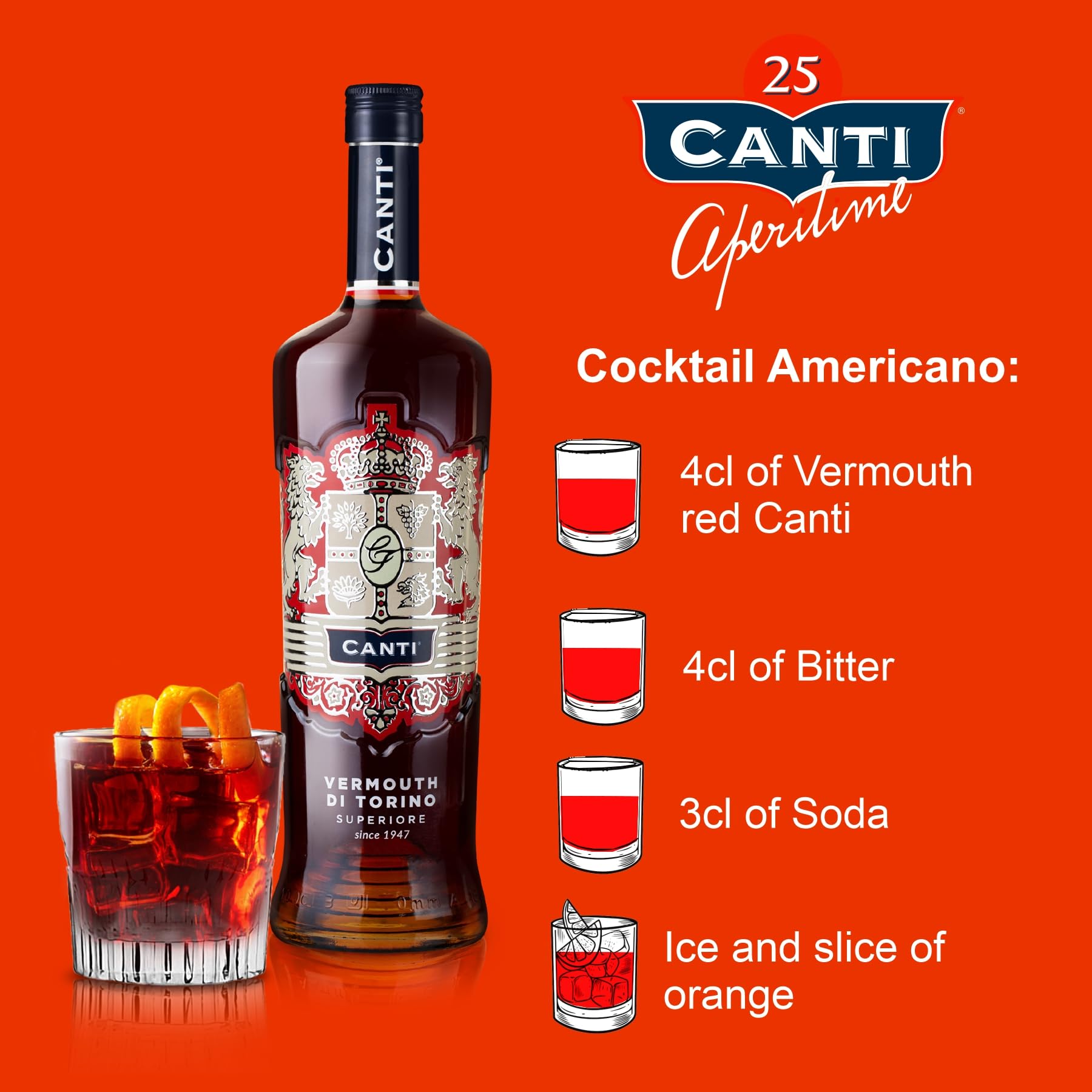 Canti - Vermouth Rouge Supérieur de Turin, Aperitif aux Notes Agrumées, Notes d'Épices, de Quinquina et d'Absinthe Romaine, 1x1L