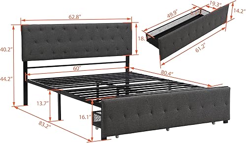 Miniatura 2 de UBGO Cama de almacenamiento tamaño Queen, cama de plataforma de metal con cajones grandes para almacenamiento y cabecera tapizada, juego de muebles