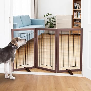 Dog Fence Indoor - 3-Panel Freestanding Dog Gate for Doorways, Hallways, House or Stairs -60x32-Inch Retractable Foldable Expandable Wood Pet by SFJC Brown