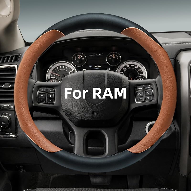 Capa de Couro para Volante Yangday para Dodge Ram 1500, 2500 e 3500, 39,4–40,6 cm, Marrom - A