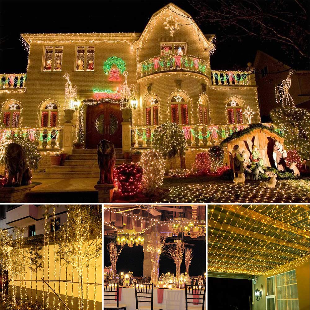 BrizLabs Catena Luminosa Natale Esterno, 20M 200 LED Luci Stringa Natalizie Bianco Caldo Interno con Spina 8 Modalità Impermeabile per Giardino Albero di Natale Matrimonio Festa, Cavo Trasparente